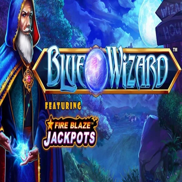 Blue Wizard Fire Blaze Jackpots slot logo by Rarestone Gaming at Luna Casino